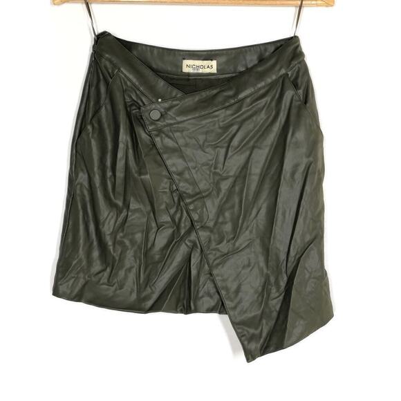Nicholas Gabriella Skirt Vegan Faux Leather Asymmetric Mini Army Green 6 - Picture 4 of 10